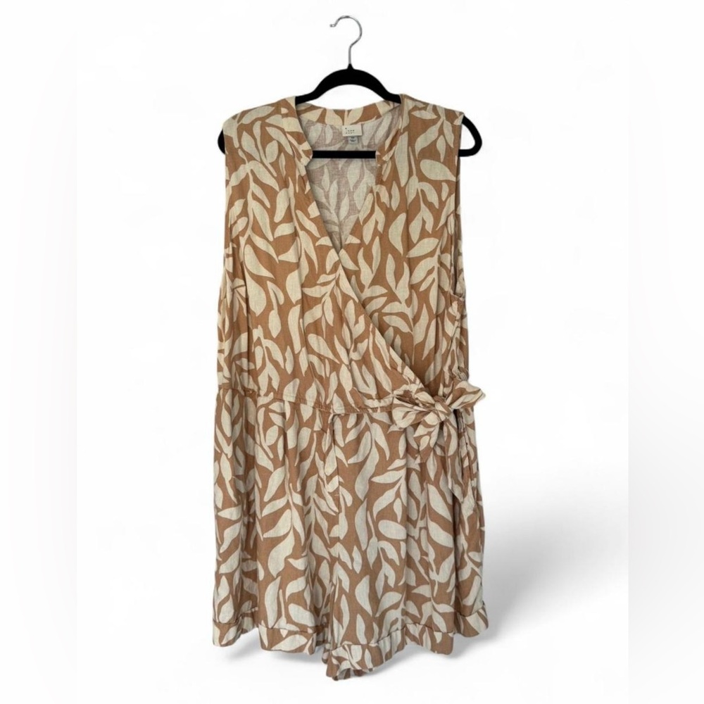 A New Day Tan Leaf Print Wrap Romper | Size 2X